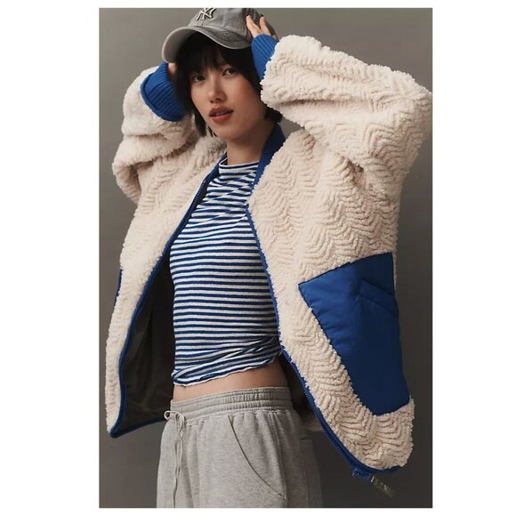 Anthropologie Pilcro Sherpa Jacket Womens L Faux Fur Cozy Boho Chic Oversized - Picture 1 of 8